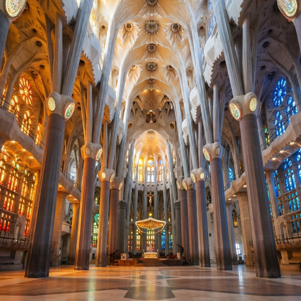 The tree-like columns and stained-glass windows inside the Sagrada Família